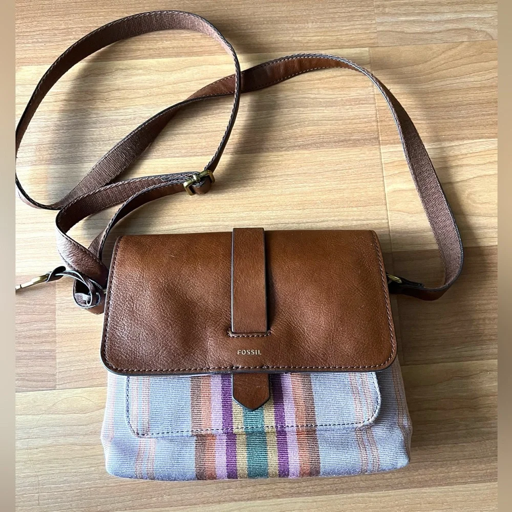 Fossil Leather & Stripe Canvas Crossbody Bag Brown Multicolor